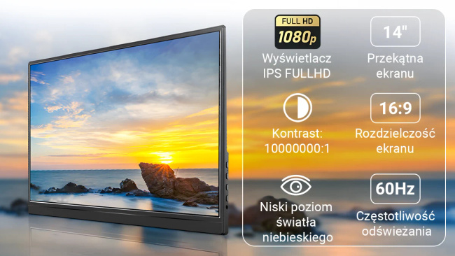 Extralink Smart Life S15 14" | Przenośny monitor do laptopów, telefonów i konsol | Usb-C/micro-Hdmi