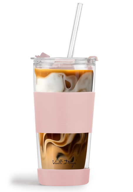 Kubek Termiczny Szklany Ze Słomką 600 Ml Różowy Fuori - Vialli Design