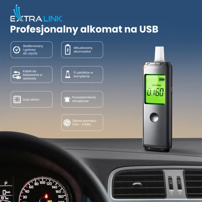 Alkomat Extralink Alkologic PO-01 z sensorem półprzewodnikowym i akumulatorem