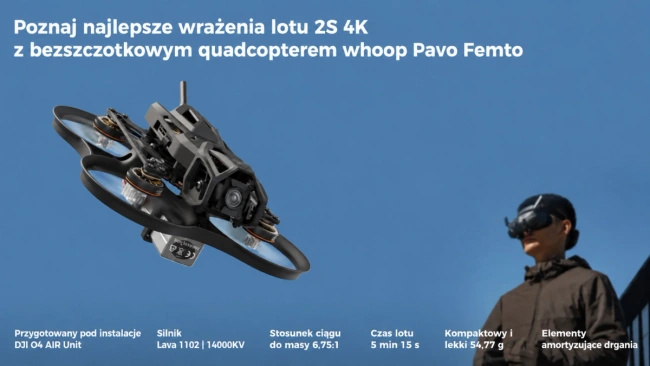 Dron FPV BetaFPV Pavo Femto PNP ELRS 2.4G, whoop 2S 75 mm pod DJI O4 Air Unit