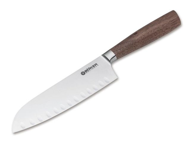 Boker Solingen Nóż Santoku Core Walnut z ryflowaną rękojeścią z drewna orzechowego, ostrze 16.5 cm