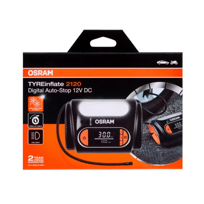 Kompresor samochodowy Osram TyreInflate 2120 12 V, cyfrowy, z Auto Stop i LED