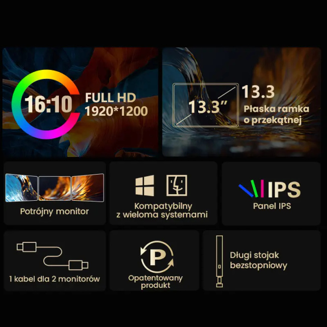 Extralink Smart Life S350 13.3" | Przenośne Monitory Do Laptopa | 2 Monitory, Ips, 1920x1200