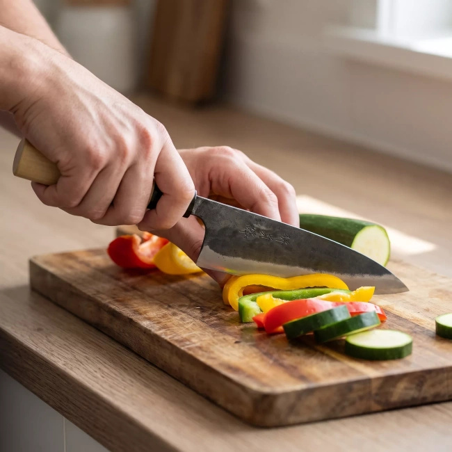 Japoński nóż santoku Funayuki Okomura Kurouchi H-807, stal węglowa, 16,5 cm