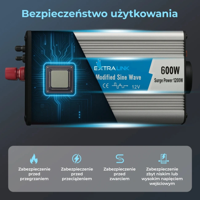 Przetwornica napięcia Extralink OPIM-600W, 12 V na 230 V, USB-A i USB-C