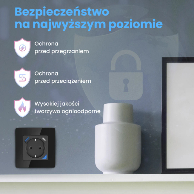 Extralink Smart Life Wall Socket Set Pro | Zestaw inteligentne gniazdko + ramka | Kolor Czarny, 230V, 1x USB A, 1x USB C, WiFi, Tuya
