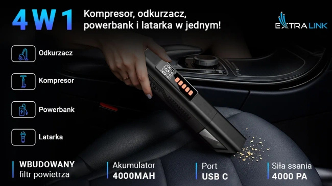 Odkurzacz samochodowy Extralink EX.27672 z kompresorem, akumulatorowy, 4000 Pa