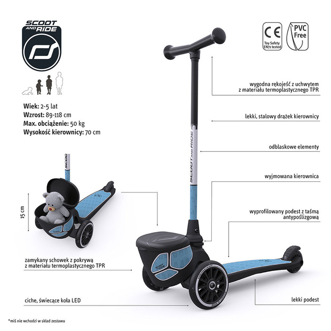 Scootandride Highwaykick 2 Lifestyle Hulajnoga trójkołowa balansowa ze świecącymi kółkami i odblaskową kierownicą 2+ Reflective Steel