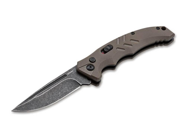 Nóż automatyczny Boker Plus Intention II Coyote, stal D2, ostrze 7,8 cm, okładziny G10