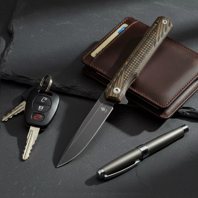 Nóż składany Womsi Wolf, stal S90V/420, rękojeść G10 brązowo-czarna, z klipsem