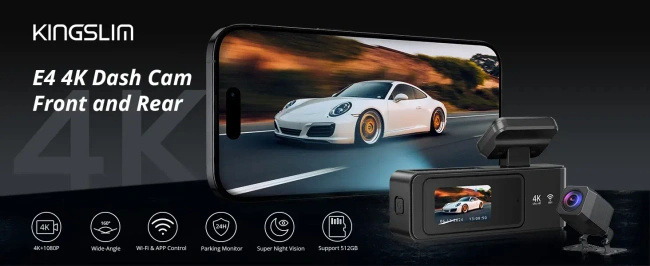 Wideorejestrator Kingslim E4 Dash Camera, 4K z przodu i 1080P z tyłu, Wi-Fi