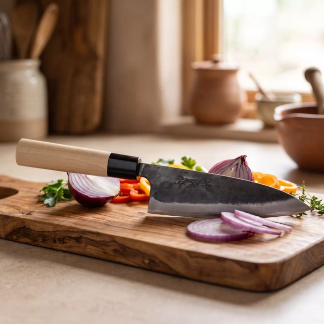 Japoński nóż santoku Funayuki Okomura Kurouchi H-807, stal węglowa, 16,5 cm