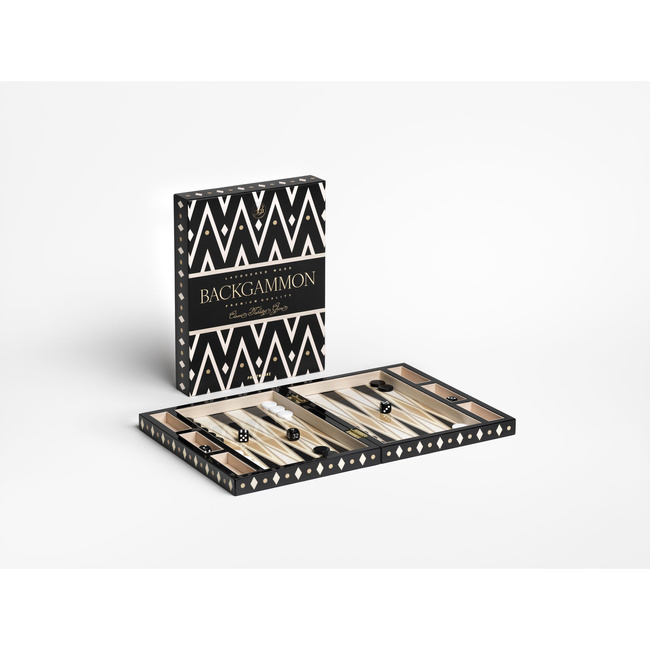 Backgammon Printworks lakierowany, czarny, eklektyczny wzór, drewniana plansza