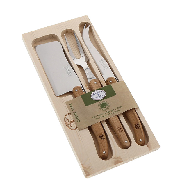 Zestaw Noży Do Sera Laguiole (Tasak, Nóż, Widelec) - Drewno Dębowe - Otwarte Pudełko - Jean Dubost