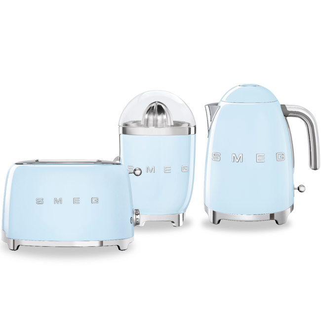 Zestaw Smeg Czajnik + Toster na 2 kromki + Wyciskarka do cytrusów pastelowy błękit