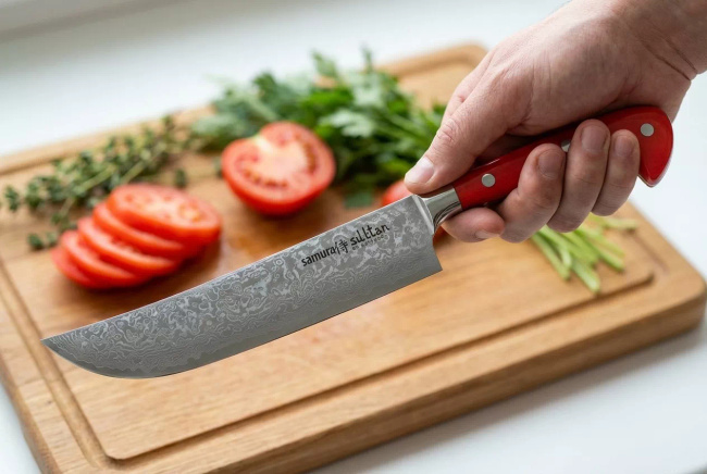 Samura Sultan Nóż Uniwersalny, Ostrze 16.4 Cm, Stal Aus10/Damasceńska, Rękojeść G10 Czerwony