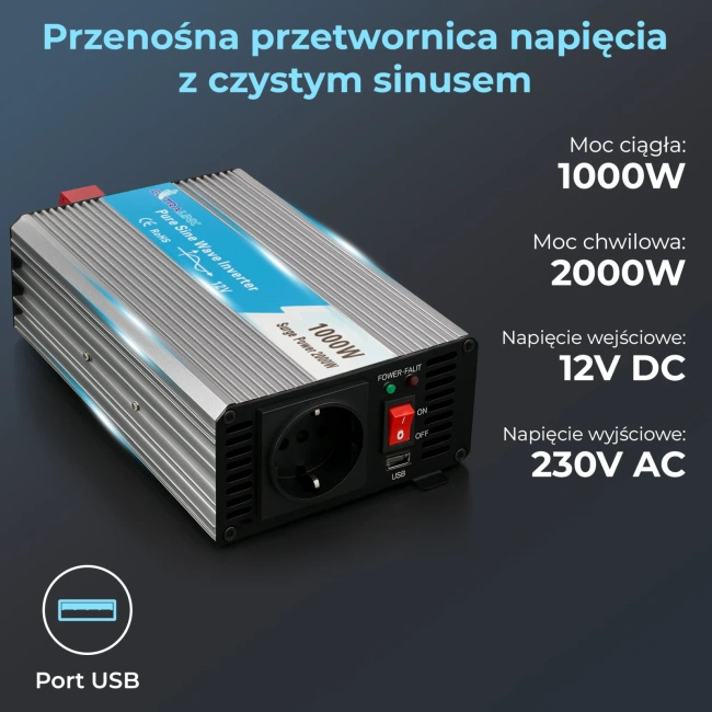 Przetwornica napięcia Extralink OPIP-1000W, czysty sinus, 12 V na 230 V, 1000 W