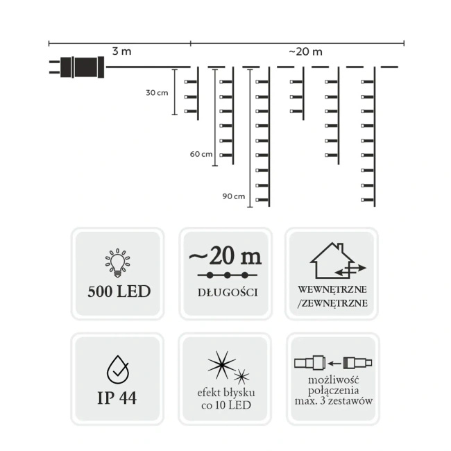 EXTRALINK Kurtyna Sople 500L Ciepły Biały Zimny Flash 3+20m Kurtyny Świetlne