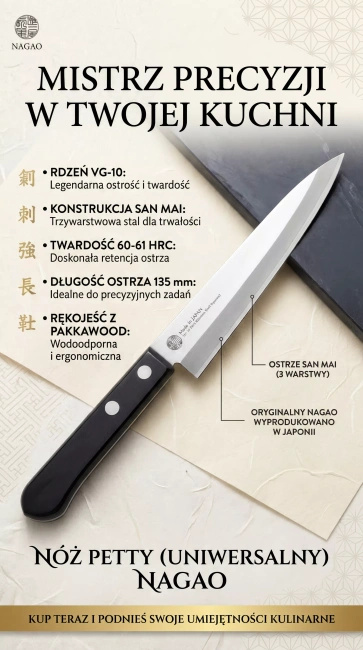 Nóż Petty Nagao Tsubamesanjo VG-10, 13,5 cm, rękojeść pakkawood