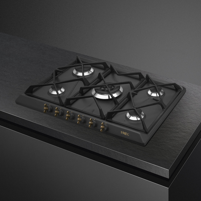 Smeg - Płyta Gazowa, 70 Cm, Coloniale Coloniale SrV876AOGH Antracytowy (Pokrętła W Kolorze Mosiężnym)
