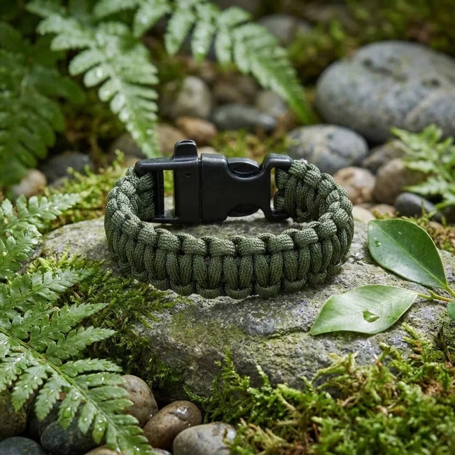 Bransoletka survivalowa Welde paracord z gwizdkiem, oliwkowa, 22 cm