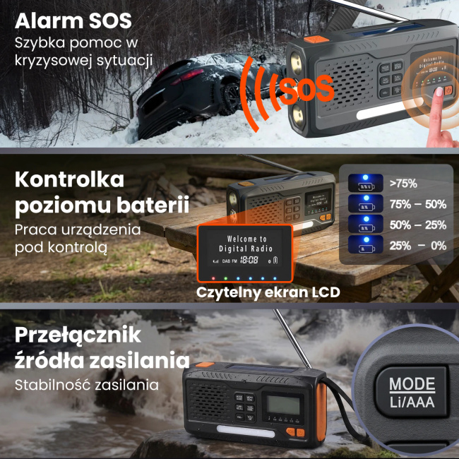 EXTRALINK BT-4000 radio awaryjne Bluetooth solarne z korbką dynamo latarką SOS powerbank 4000mAh
