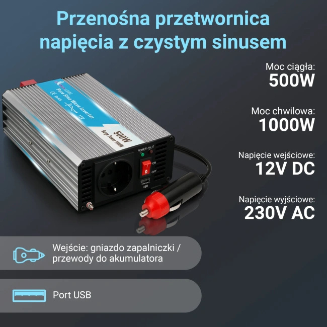 Przetwornica samochodowa Extralink OPIP-500W, czysty sinus, 12 V na 230 V, 500 W