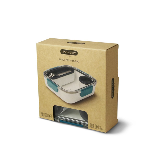 Lunch box kwadratowy Black+Blum 1 l, morski, z widelcem i pojemnikiem na sos