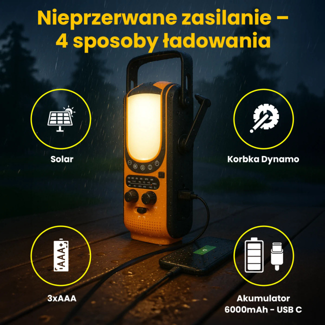 EXTRALINK Radio Awaryjne Solarne z Korką Dynamo Powerbank 6000mAh Latarka SOS
