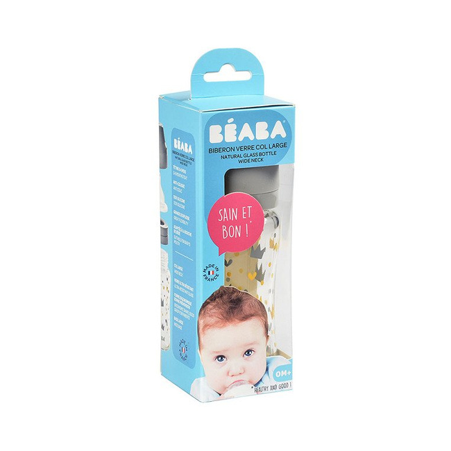 Beaba Butelka szklana szerokootworowa 240 ml Yellow / Grey Crown