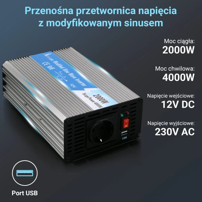 Przetwornica napięcia Extralink OPIM-2000W 12 V na 230 V, 2000 W, modyfikowany sinus