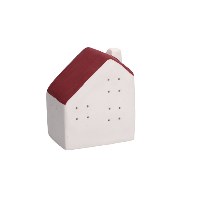 Domek świąteczny LED Rituali Domestici Nelvillaggio M, porcelana, biały z czerwonym dachem