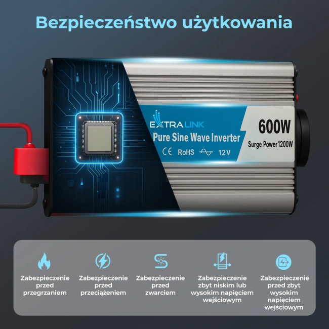 Przetwornica napięcia Extralink OPIP-600W z czystą sinusoidą, 12 V/230 V, 600 W