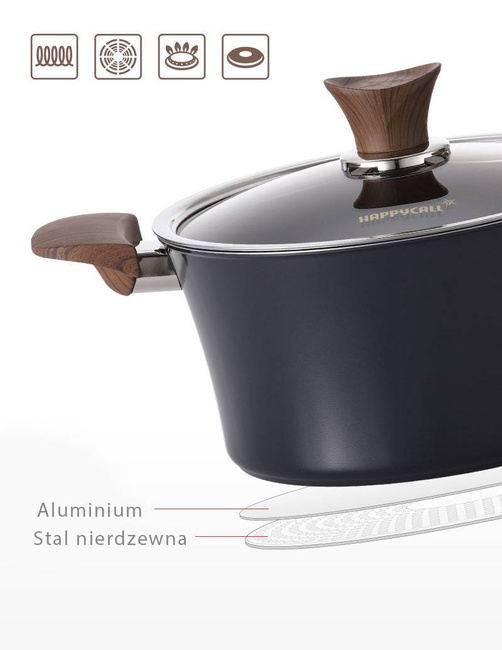 Happycall Ih Woodique Garnek Z Powłoką Tytanową 24cm / 3l Niski - Czarny