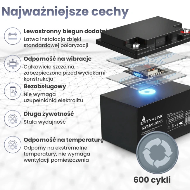 Akumulator AGM Extralink 12 V 18 Ah, bezobsługowy, VRLA