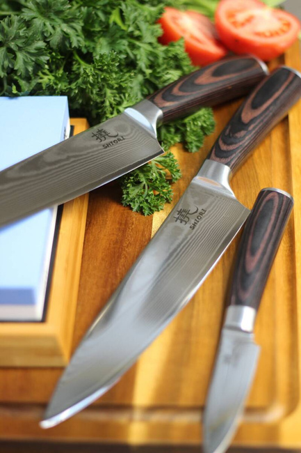 Shiori - 3-Set Chairo Shōto + Santoku + Sifu - zestaw trzech noży ze stali Damasceńskiej