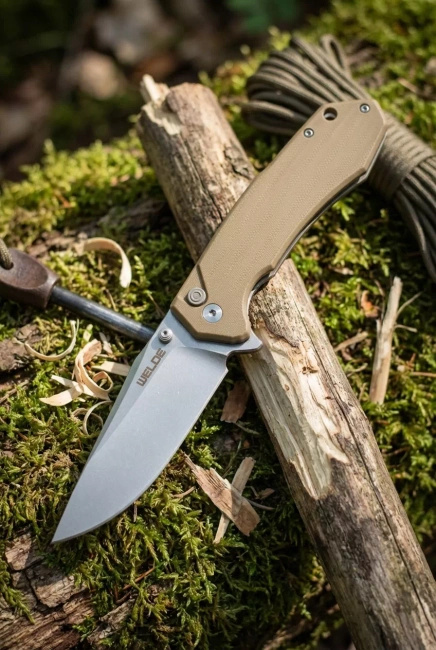 Nóż składany Welde D2F64 ze stali D2, rękojeść G10 brązowa, ostrze 9 cm