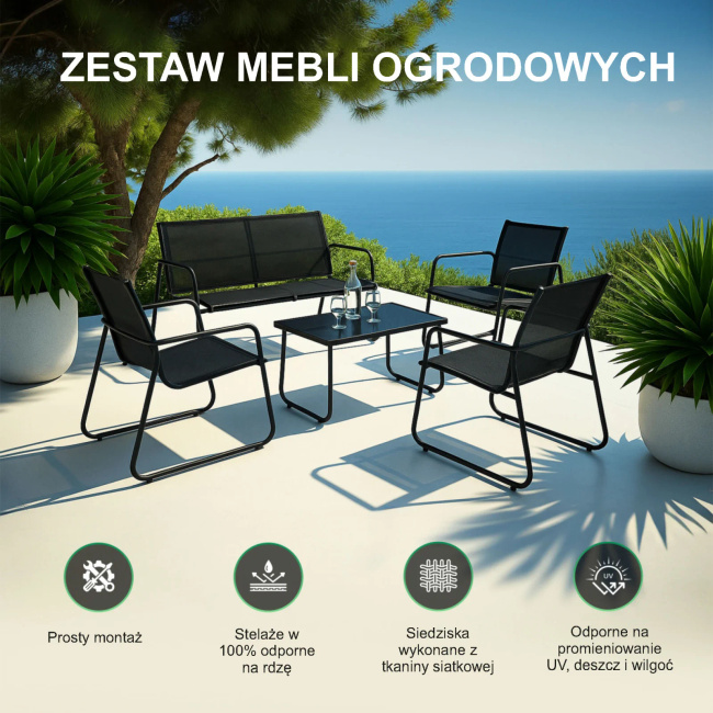 Extralink Black Forest Zestaw Mebli Ogrodowych Tekstylen Dwa Krzesła Leżanka Stolik Rozkładany Czarny
