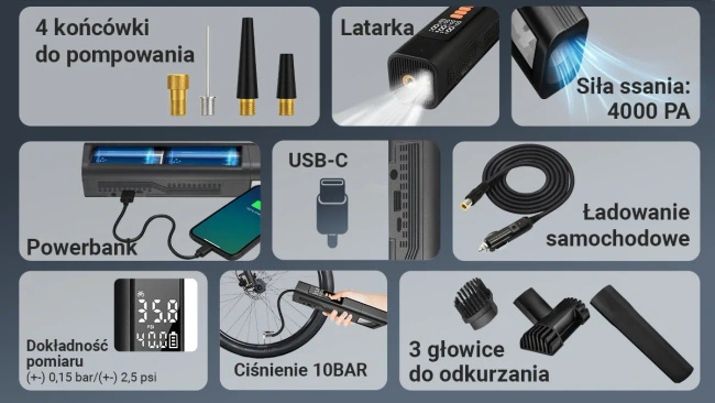 Odkurzacz samochodowy Extralink EX.27672 z kompresorem, akumulatorowy, 4000 Pa