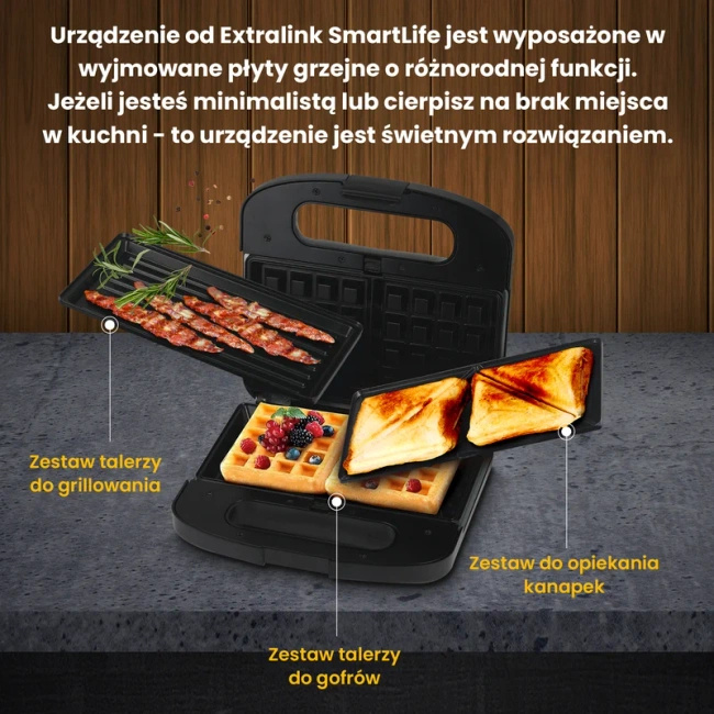 Extralink Smart Life Grill Sandwich & Waffle Maker SJ-37A | Grill Toster & Gofrownica | 1000W, Toster z 3 wymiennymi płytami
