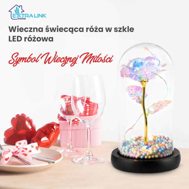 Extralink Home | Wieczna Róża W Szkle | Świecąca Led Różowa