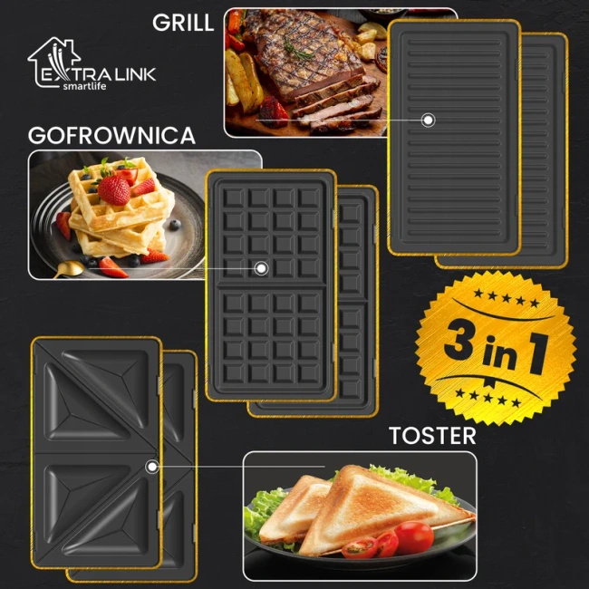 Extralink Smart Life Grill Sandwich & Waffle Maker SJ-37A | Grill Toster & Gofrownica | 1000W, Toster z 3 wymiennymi płytami