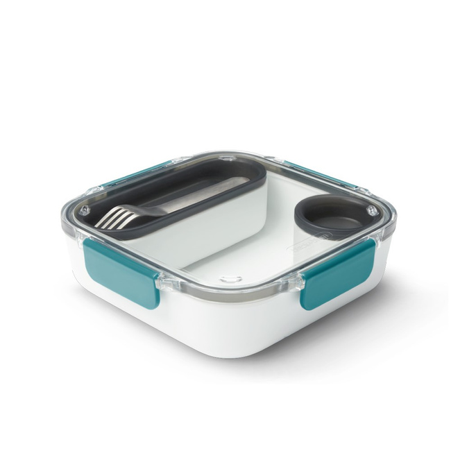 Lunch box kwadratowy Black+Blum 1 l, morski, z widelcem i pojemnikiem na sos