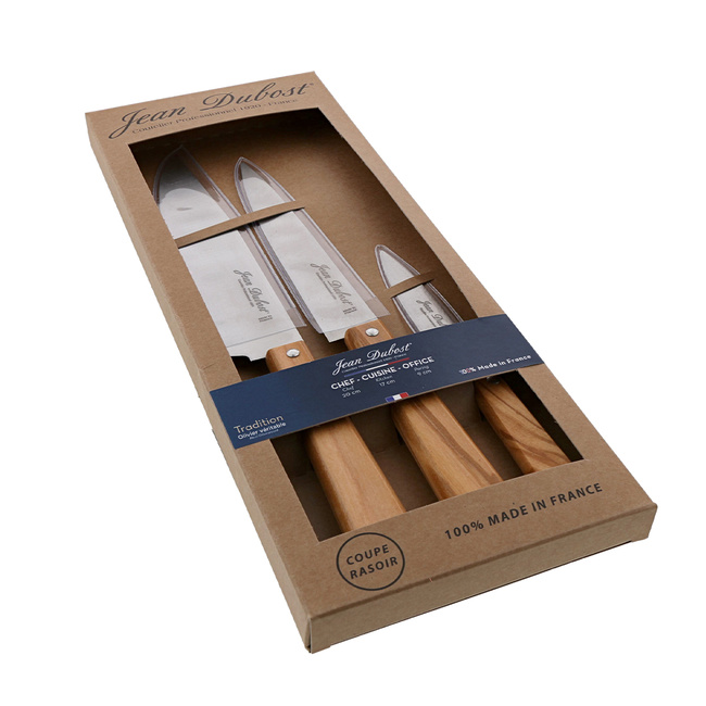 Zestaw 3 Noży Kuchennych - Drewno Oliwne - Pudełko L'elysee - Jean Dubost