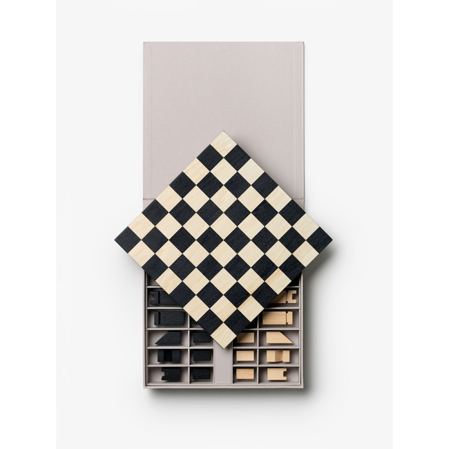 Szachy drewniane Printworks Legacy The Functionalist, geometryczne figury, szare