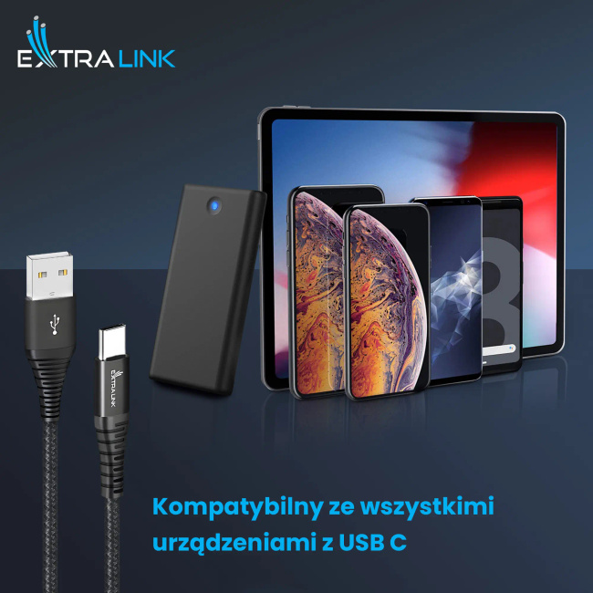 Extralink Smart Life Braided 15w Usb Type-a to Type-c 2m Czarny | Kabel Usb | 5v 3a
