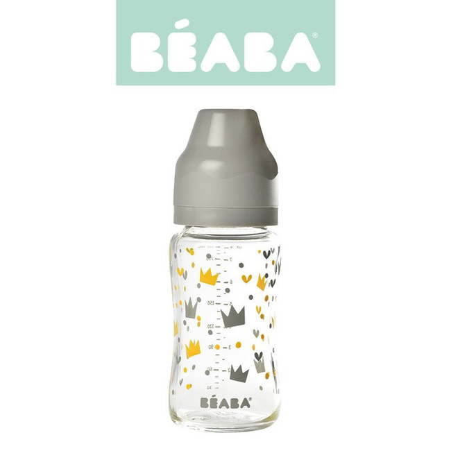 Beaba Butelka szklana szerokootworowa 240 ml Yellow / Grey Crown