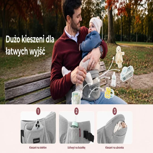 Nosidełko Momcozy z siedziskiem biodrowym 2 w 1, szare
