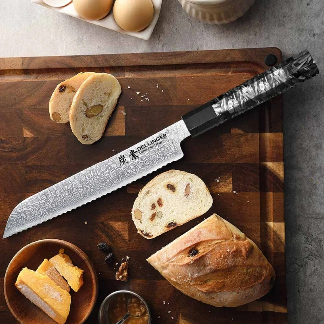 Nóż do pieczywa Dellinger Carbon Fiber Octagon 21,5 cm, stal damasceńska VG-10