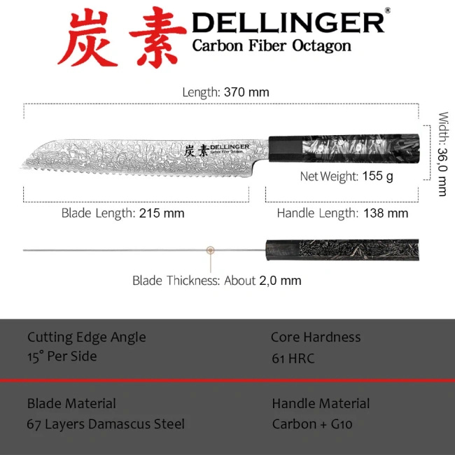 Nóż do pieczywa Dellinger Carbon Fiber Octagon 21,5 cm, stal damasceńska VG-10